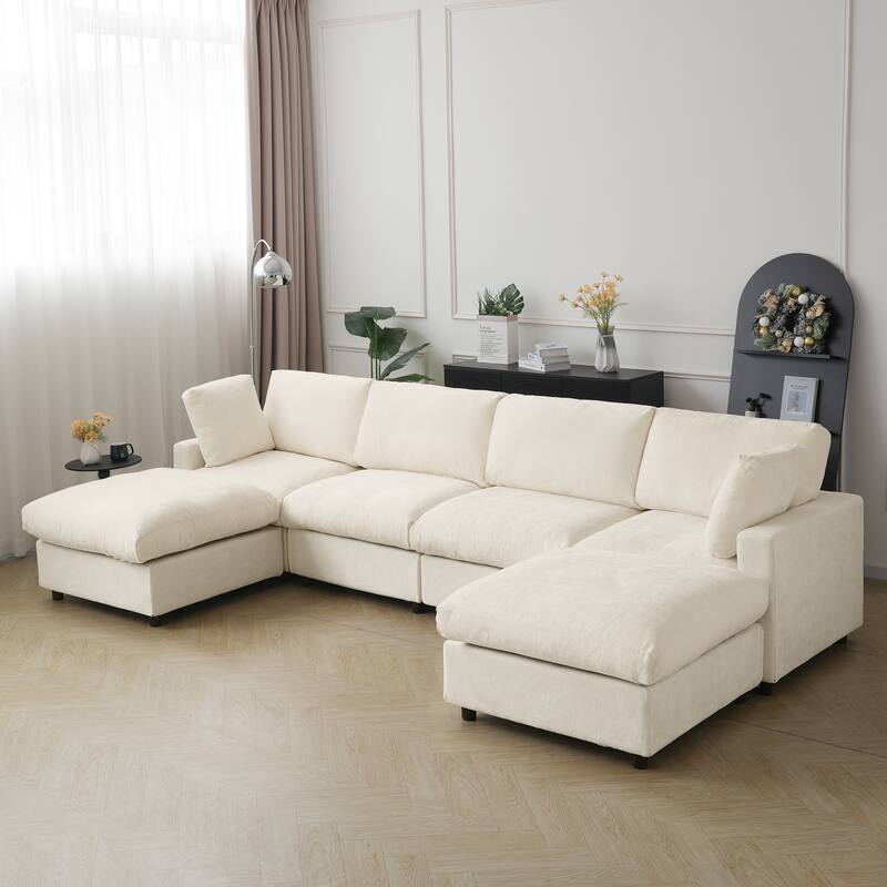 134" Cloud Sectional Couches for Living Room, Convertible U Shape Couch with Ottoman, 6 Seater Modular Sectional Sofa - Beige