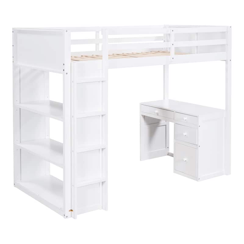 Space-Saving Twin Loft Bed with Ladder, Shelves, and Desk in White