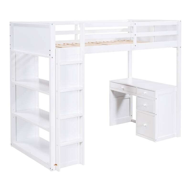 Twin Size Loft Bed with Ladder, Shelves, Solid Wood Loft Bed Frame with 4-Drawers Desk, Box Spring No Required