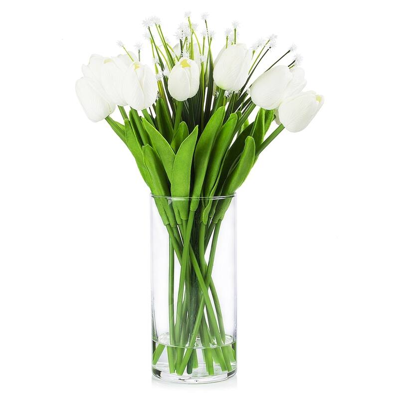 Enova Home Artificial Real Touch Tulips Flower and Star Grass in Clear Glass Vase With Faux Water For Home Office Decoration - White