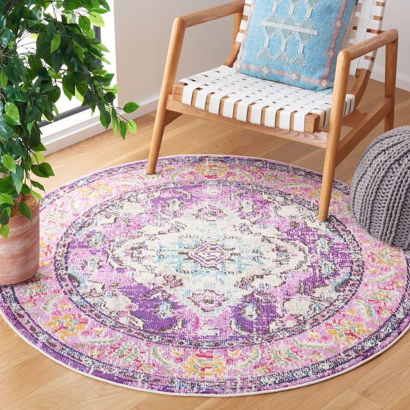 SAFAVIEH Monaco Oceane Boho Medallion Distressed Area Rug - 5' Round - Violet/Light Blue