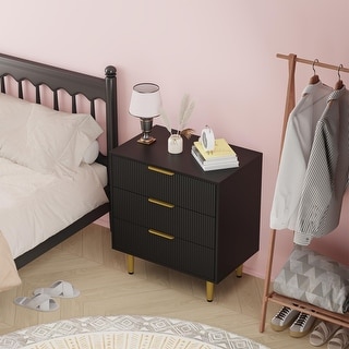 Modern Natural Wood Color Fluted Dresser, Wooden Chest with Gold Metal Handles & Legs