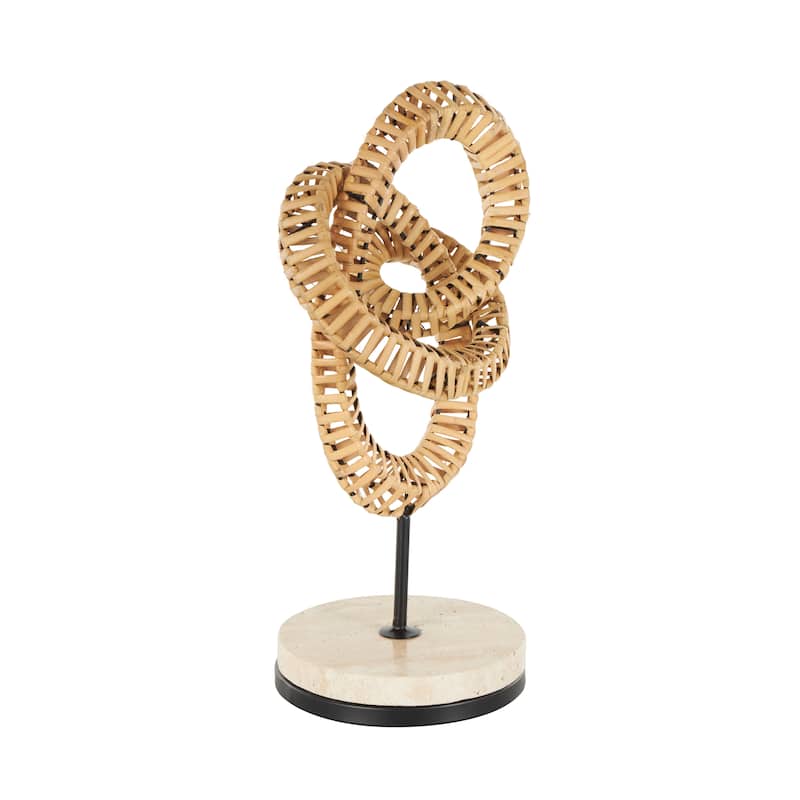 Brown Rattan Handmade Looped Abstract Sculpture with White Marble Base