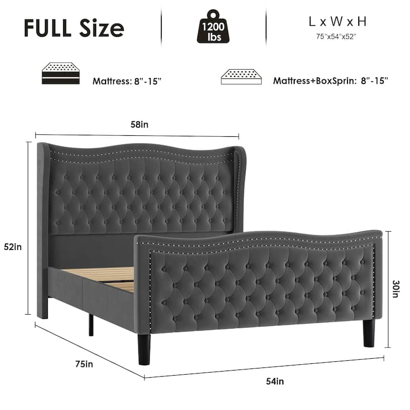 Full Size Tufted Wingback Bed Grey Velvet Upholstered Platform Bed with Solid Wood Slat Support Frame and Nailhead Trim