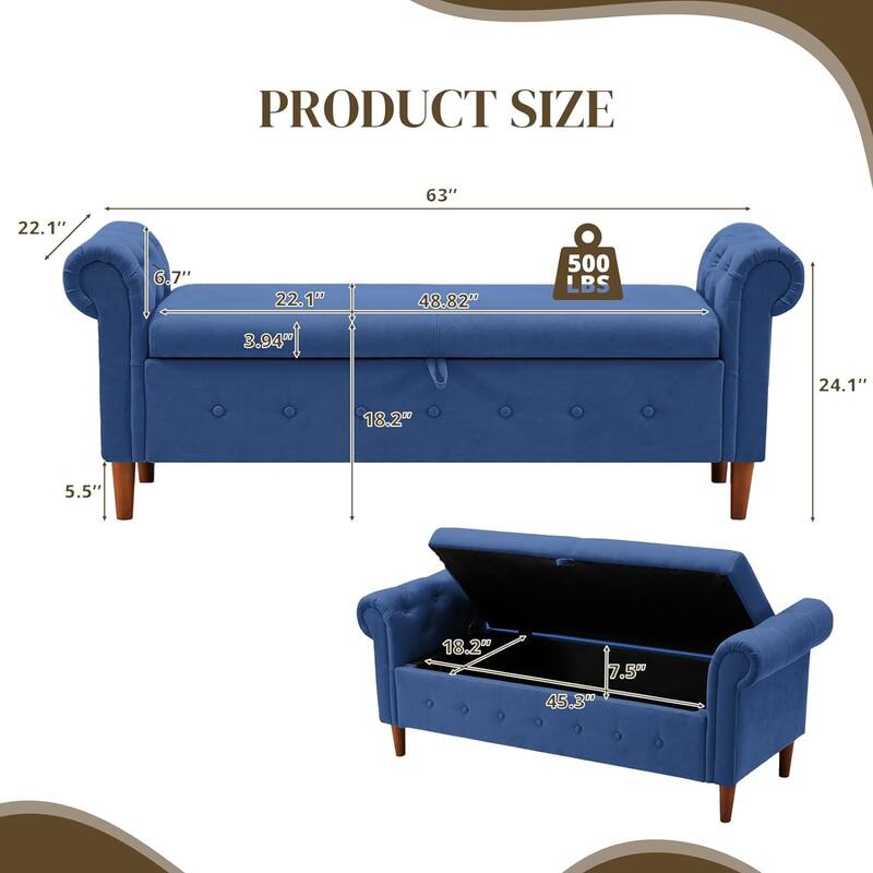 Multipurpose Rectangular Linen Sofa Stool with Large Space Saving Storage, 4 Rubber Wood Feet - 63 x 22.1 x 24.1 inch