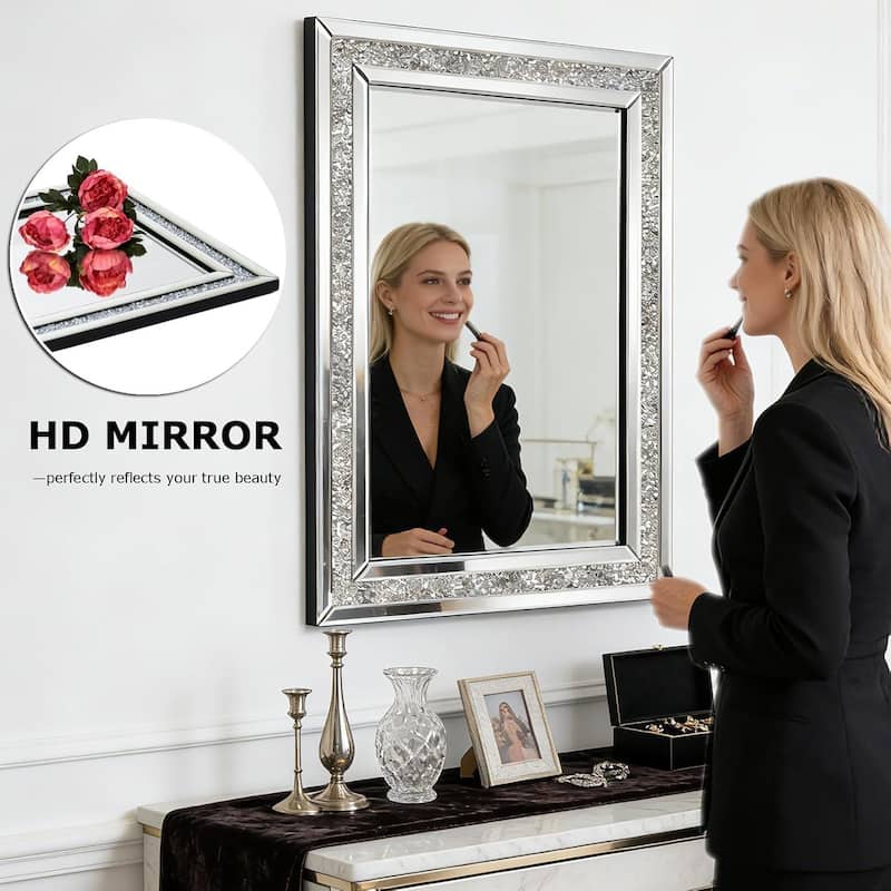 Glam Crystal Accent Mirror Diamond Inlay Wall Mirror