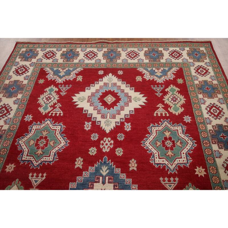 Hand Knotted Oriental 100% Wool Carpet Traditional Geometric Red Kazak Area Rug - 9' 10'' X 6' 8''