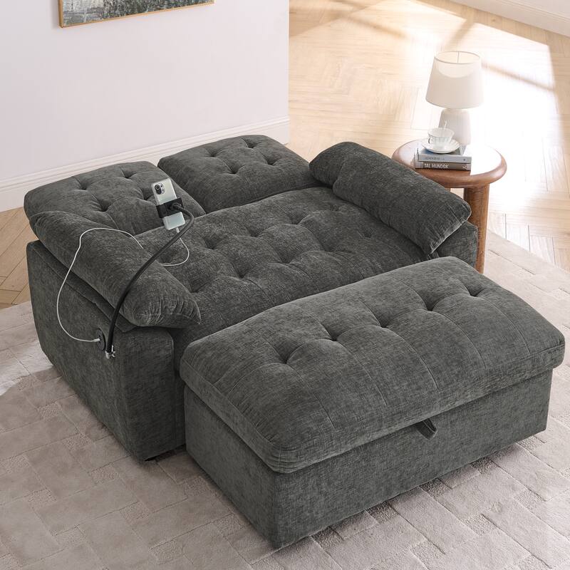 Double Recliner Chair with Adjustable Backrest, Storage Ottoman, USB Port & Phone Stand - Grey