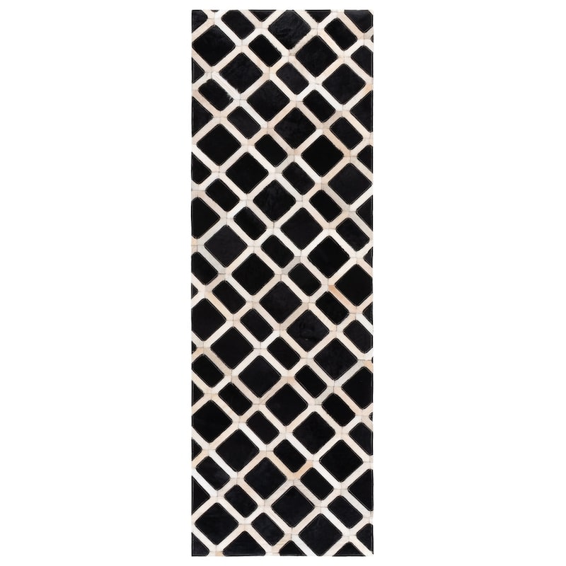 SAFAVIEH Hand-Woven Studio Leather Marikukka Modern & Contemporary Leather Rug - 2'3" x 7' Runner - Black/Ivory - 2'3" x 7' Runner
