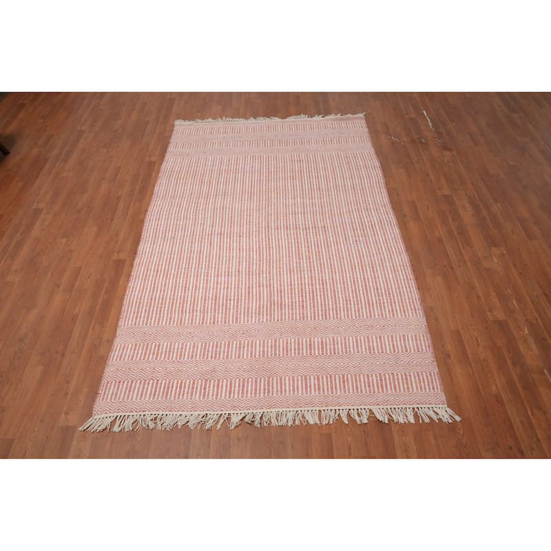 Hand Woven Oriental 100% Wool Carpet Traditional Geometric Coral Durrie-Kilim Area Rug - 8' 0'' X 5' 1''