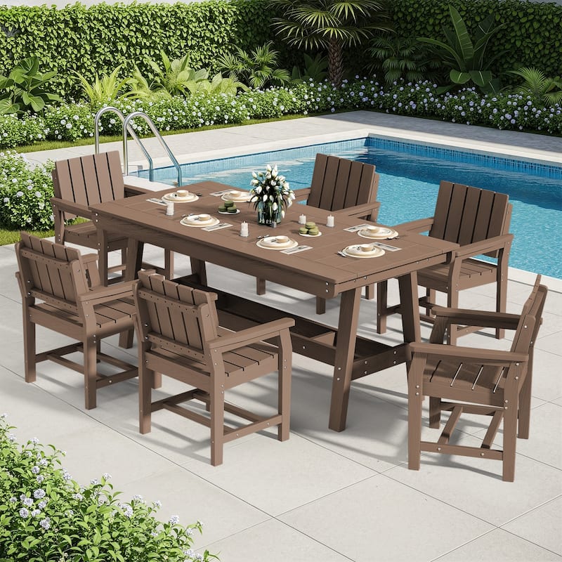 7-Piece HDPE Outdoor & Indoor Dining Set, Rectangular 67.91in L Table with Umbrella Hole and 6 Chairs Set of 7, Wood-Look Finish - Brown