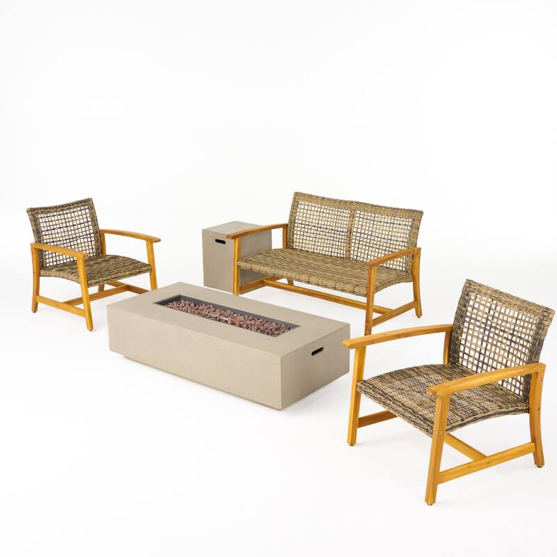 Augusta Outdoor Acacia Wood and Wicker 4 Seater Chat Set with Fire Pit by Christopher Knight Home