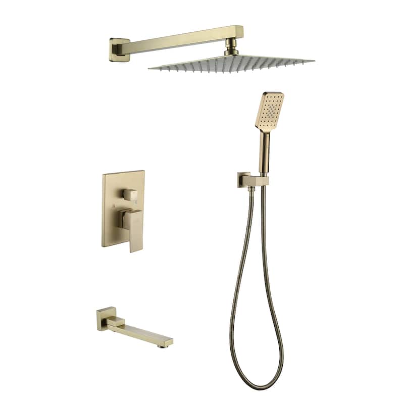 1-Handle 3-Spray Pattern 10 in Wall Mount Shower Head, Tub and Shower Faucet, Brushed Gold (Valve Included) - 10 inch