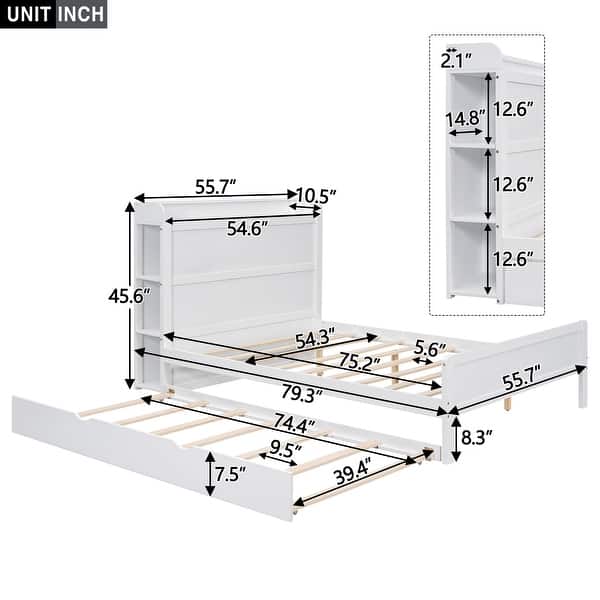 dimension image slide 1 of 2, Wooden Platform Bedframe w/ Storage Headboard & Twin Size Trundle -Full
