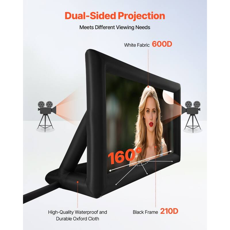 Outdoor & Indoor Movie Screen with 600D Washable Oxford Fabric 250W Quiet Blower Quick Setup, Front & Rear Projection