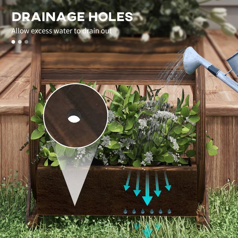 Carbonized Fir Wood Raised Planter with Wagon Wheel Design