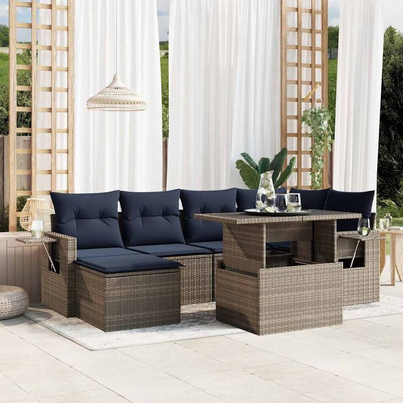 vidaXL Patio Sofa Set with Cushions Table and Couches 7 Piece Poly Rattan - Gray without storage