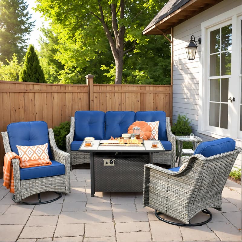 HOOOWOOO 5-piece Wicker Outdoor Furniture Swivel Chairs Set with Fire Pit - Navy Blue