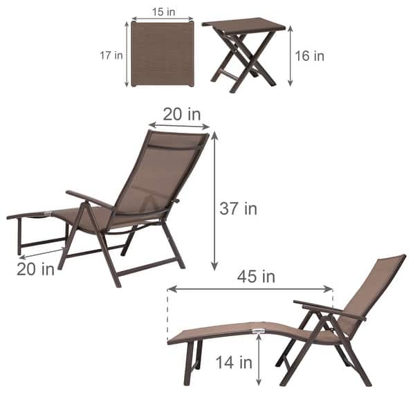 dimension image slide 1 of 7, Outdoor Aluminum Folding Adjustable Chaise Lounge Chair and Table Set
