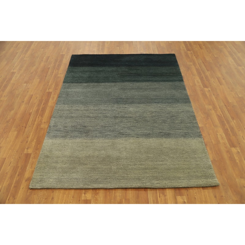Hand Knotted Oriental 100% Wool Carpet Modern Stripe Greys & Charcoal Gabbeh Area Rug - 7' 8'' X 5' 8''