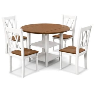 Round Drop Leaf Dining Table Set with 4 Chairs in White/Walnut Wood ...