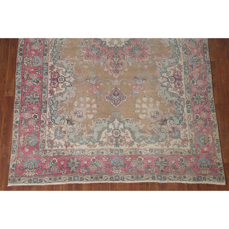 Brown Distressed Tabriz Persian Antique Rug Hand-knotted Wool Carpet - 6'2" x 9'8"