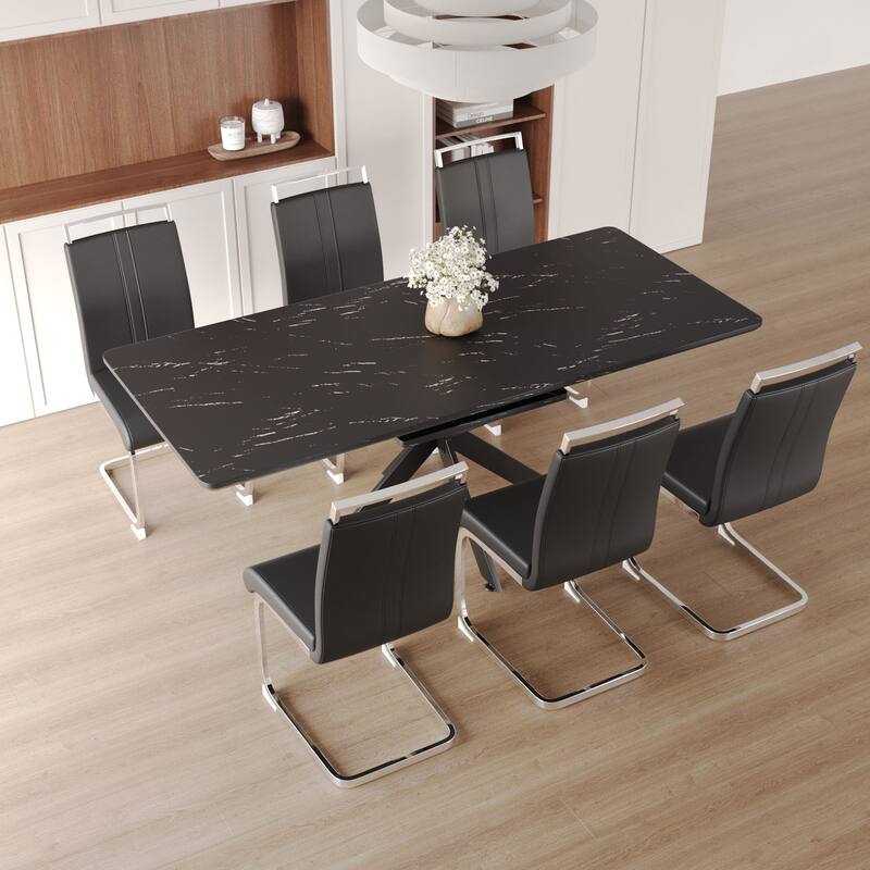 Modern Dining Set with Rectangular Extendable Large Table & C-shaped Tube Soft Padded Armless Chairs