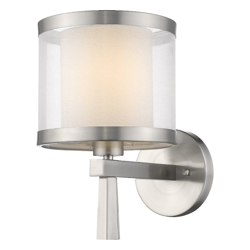 Brushed Silver Wall Light Fixture with White Silk Shade and Hardwired Sconce for Bedroom or Hallway - 13" H x 8" W x 11" D