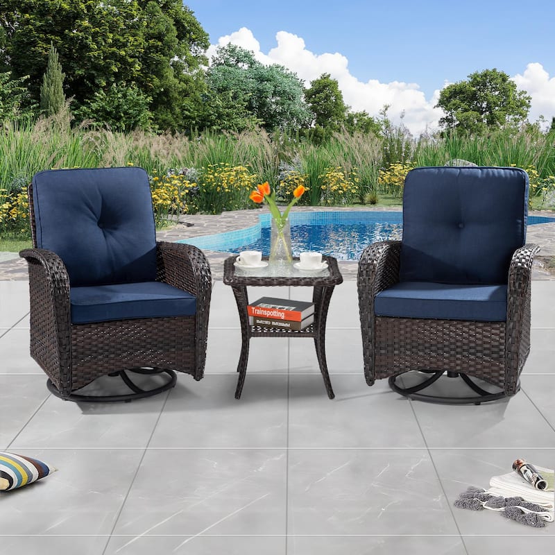Cozywor 3-Piece Wicker Patio Swivel Outdoor Rocking Chair Conversation Set - Dark Brown/Blue