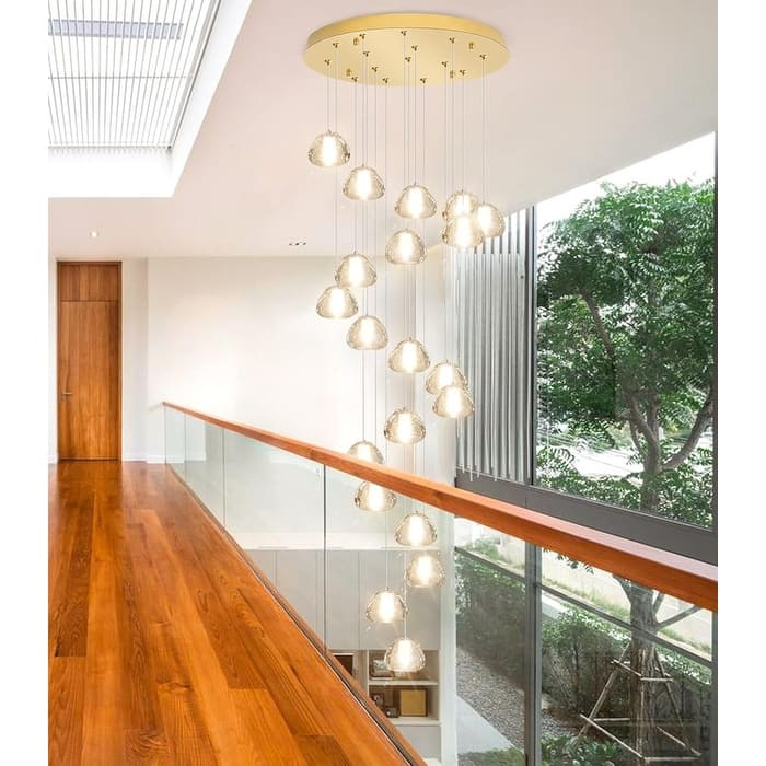 KAYLA 30-Lights Gold Modern Crystal Chandelier for Staircases, 157" Extra-Long Adjustable LED Ceiling Light