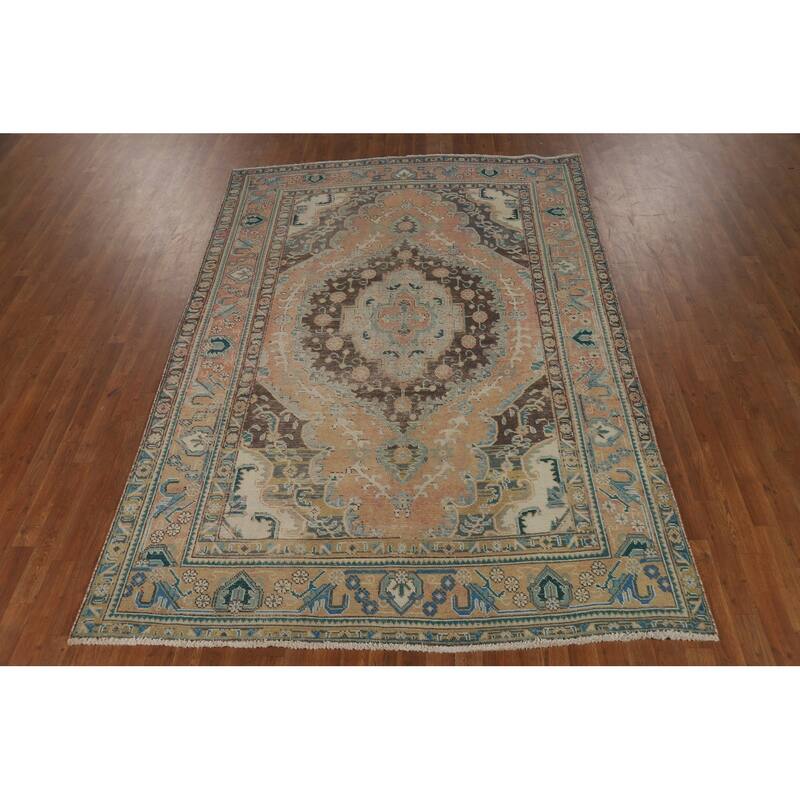 Vintage Orange Tabriz Persian Rug Handmade Traditional Wool Carpet - 6'7" x 9'4"