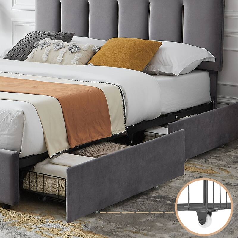 VECELO Bed Frame with 4 Storage Drawers, Upholstered Platform Bed Frame with Adjustable Headboard
