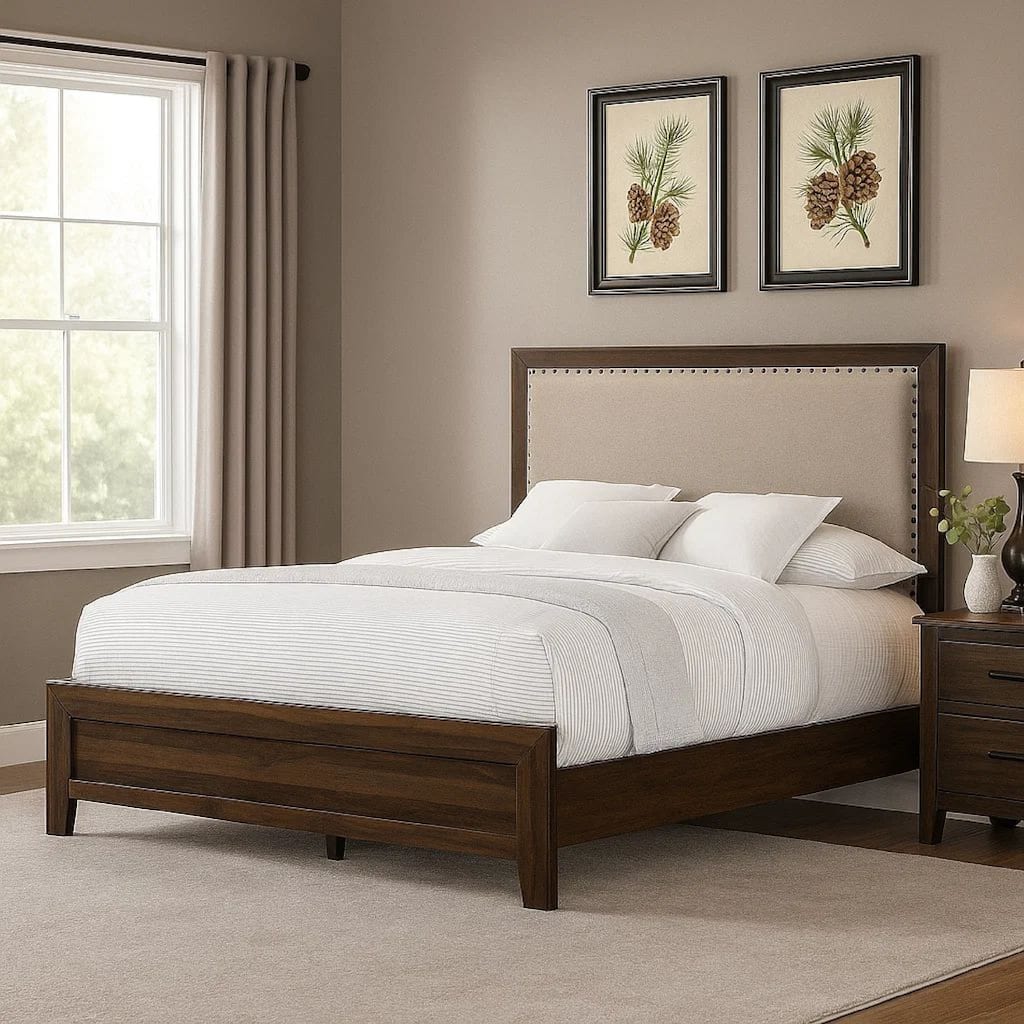 Shannon King Bed with Nailhead Trim, Ivory Fabric on, Cherry Brown Wood