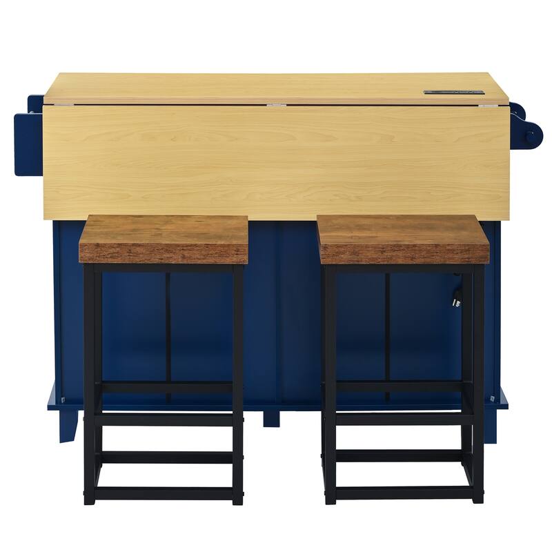 Roomfitters Farmhouse Kitchen Island Cart with Drop Leaf and 2 Stools, Power Outlet and Storage