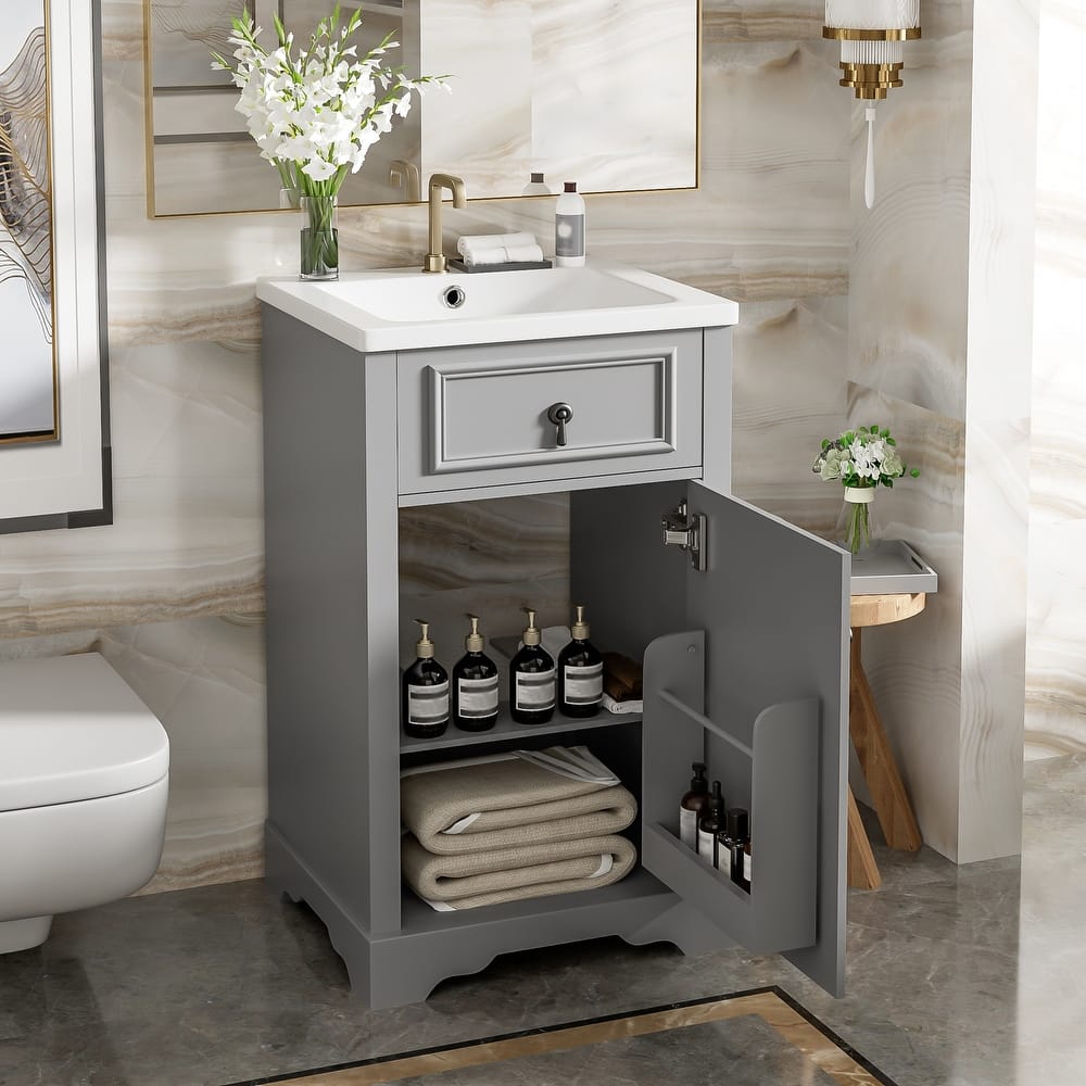 20-Inch Bathroom Vanity with Ceramic Sink, Soft Close Door, Adjustable Shelf, and Door-Mounted Storage Rack