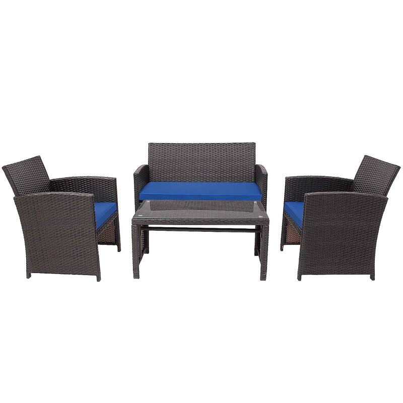 4 PCS Outdoor Rattan Furniture Set w/ Cushioned Chair & Coffee Table - Navy