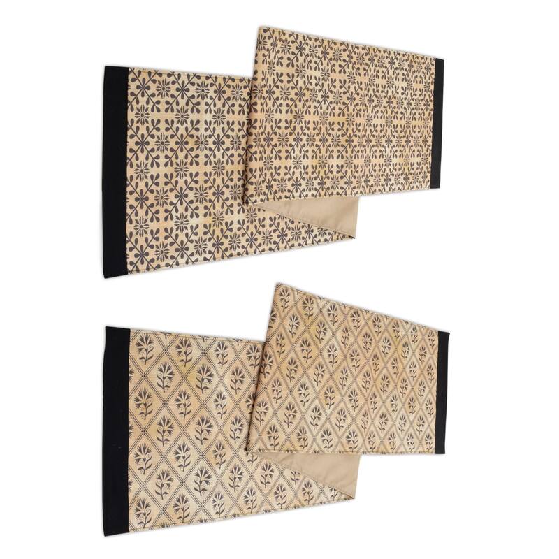 Geometric Floral Table Runner - 72.5" - Beige and Black - Set of 2