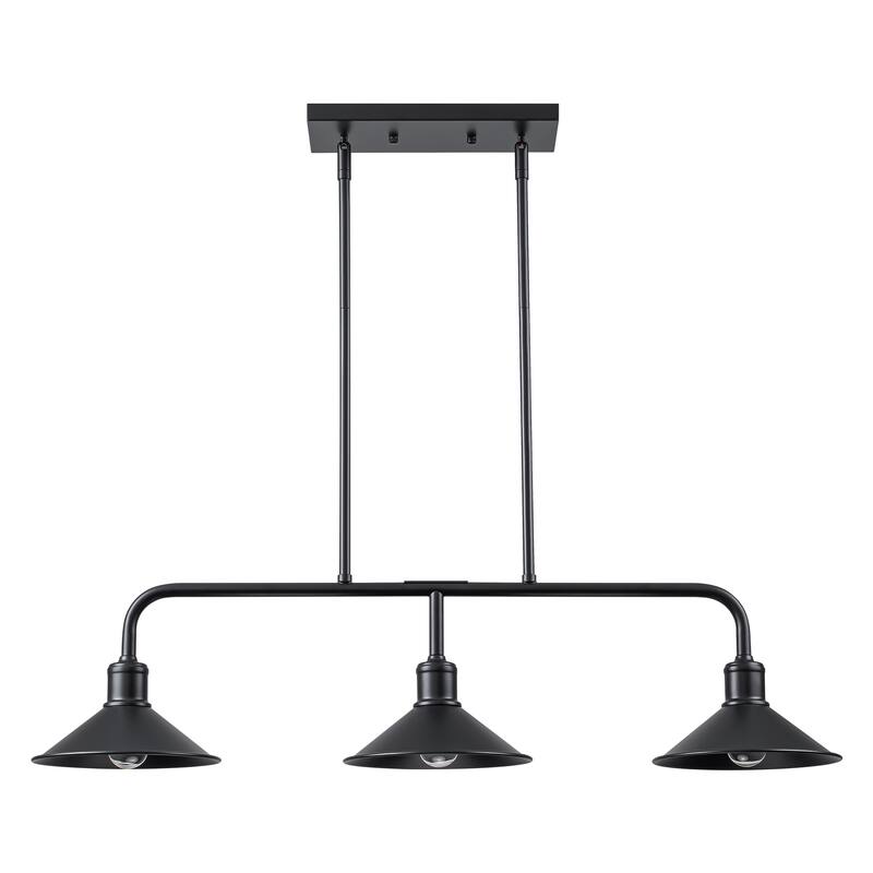 34" Modern Industrial Farmhouse Black Linear 3-Light Island Pendant Light with Cone Shades for Kitchen and Dining Room
