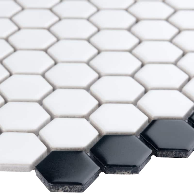 Merola Tile Metro Geo 1" Hex Matte White w/Black Edge 10-1/2" x 11-5/8" Porcelain Floor and Wall Tile