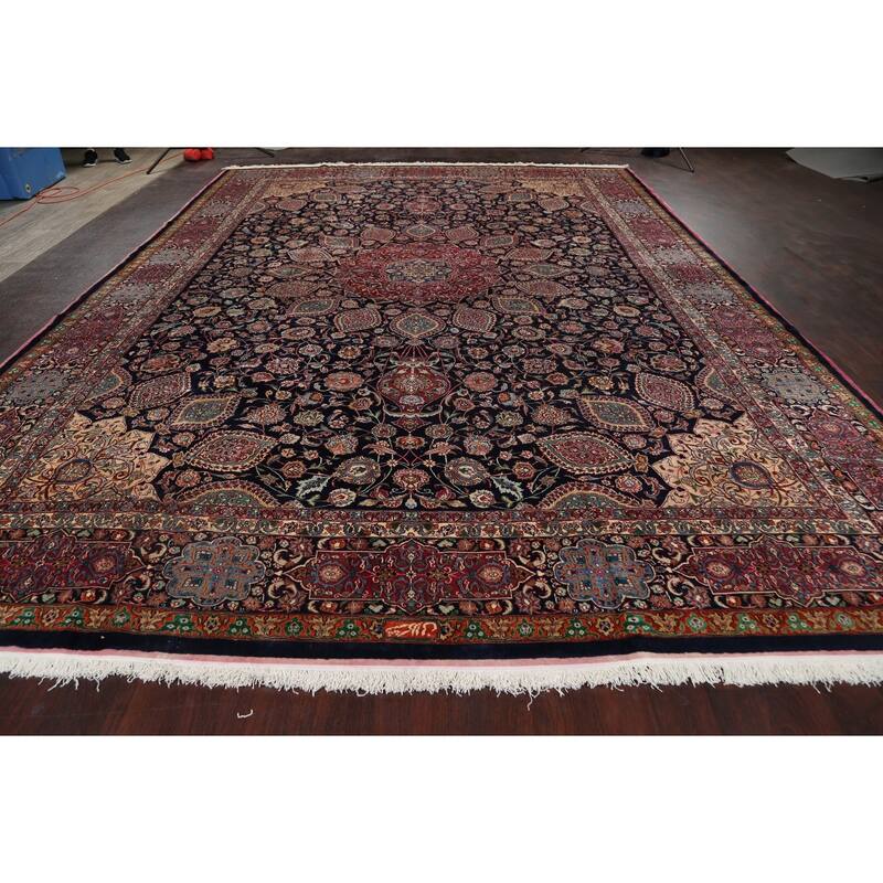 Hand Knotted Oriental 100% Wool Carpet Traditional Floral Navy Blue & Blues Mashad Area Rug - 15' 5'' X 11' 1''