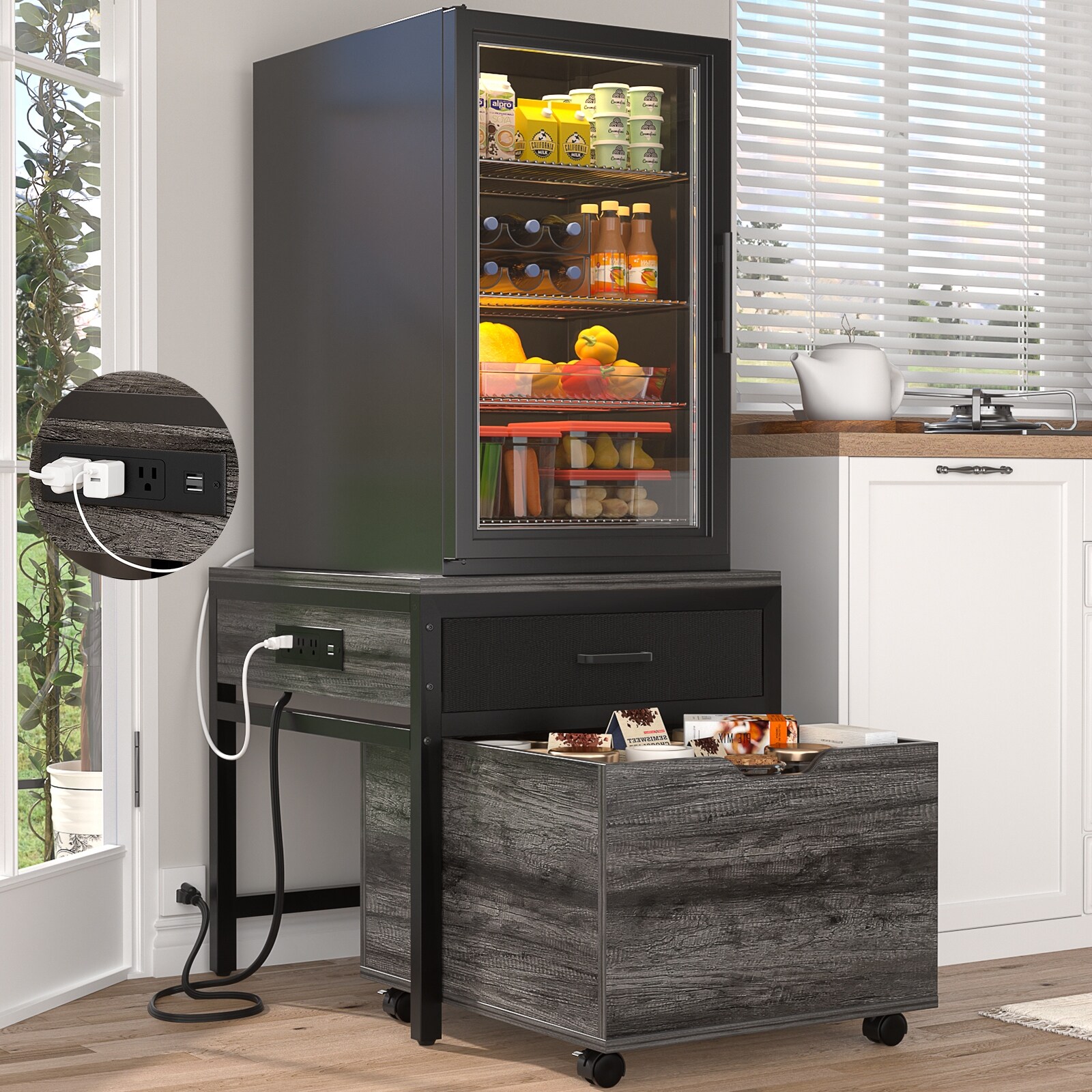 Mini Fridge Stand with Charge Station End Table with Storage Drawers and Rolling Cabinet