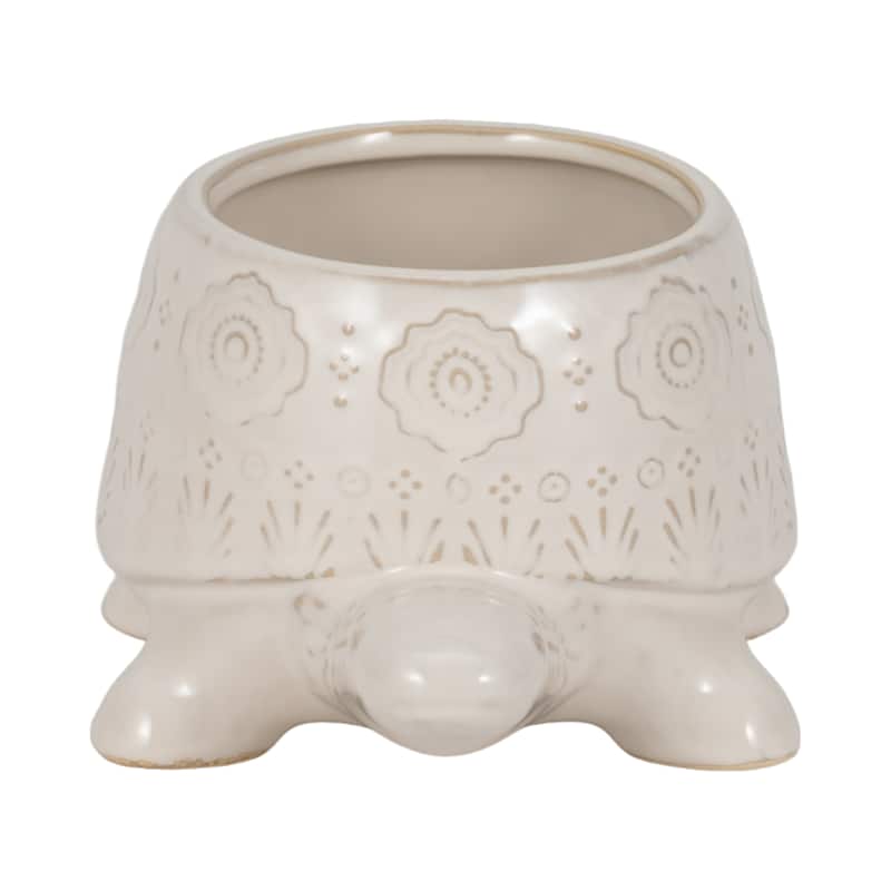 Plant Pot - White Ceramic Turtle Shaped Floral Carved, 7" - 7.0"