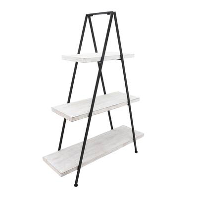 54 Inch Modern Wood Pyramid Shelf, Metal Frame, Three Tiers, Black, White