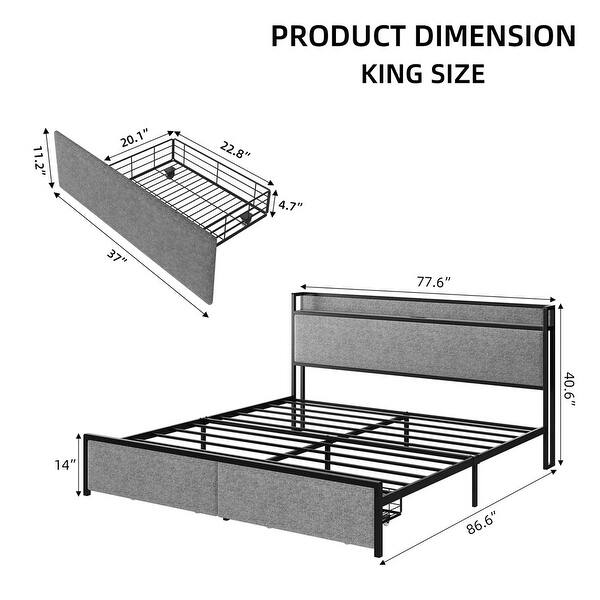 King Size Upholstered Bed Frame 2 Storage Drawers Charging Station ...
