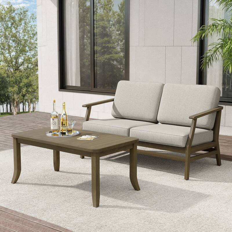 Teak Outdoor Patio Loveseat and Coffee Table Set (2-Piece) - Light Camel - Natural Wood