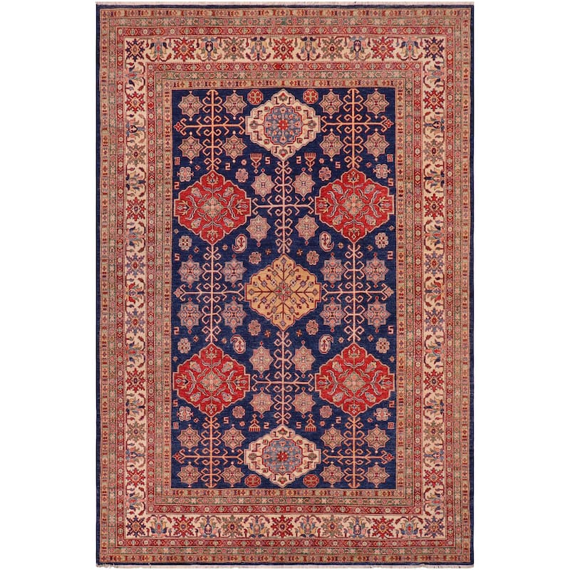 Southwestern Super Kazak Wren Blue/Beige Hand Knotted Wool Rug - 7'10'' x 10'1''