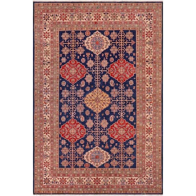 Southwestern Super Kazak Wren Blue/Beige Hand Knotted Wool Rug - 7'10'' x 10'1''