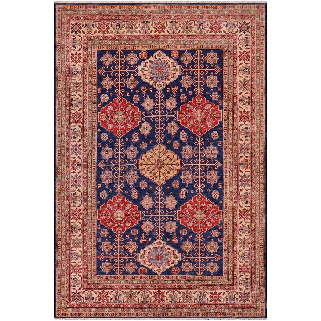 Southwestern Super Kazak Wren Blue/Beige Hand Knotted Wool Rug - 7'10'' x 10'1''
