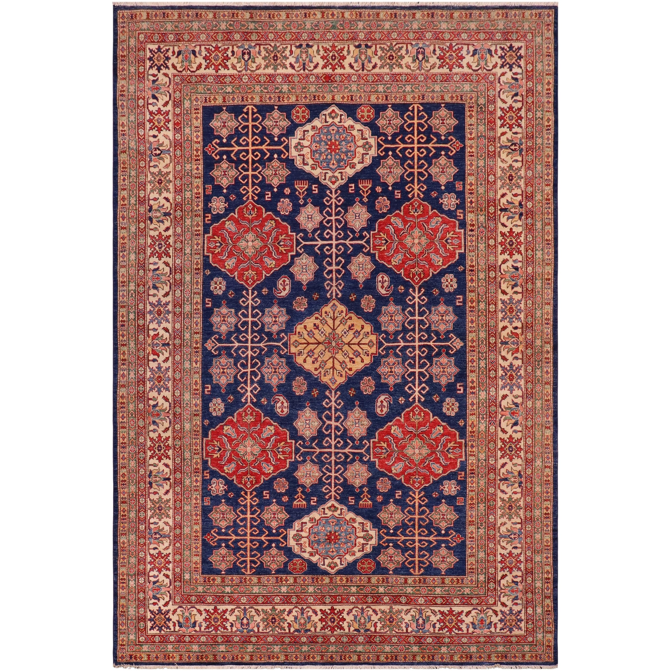 Southwestern Super Kazak Wren Blue/Beige Hand Knotted Wool Rug - 7'10'' x 10'1''