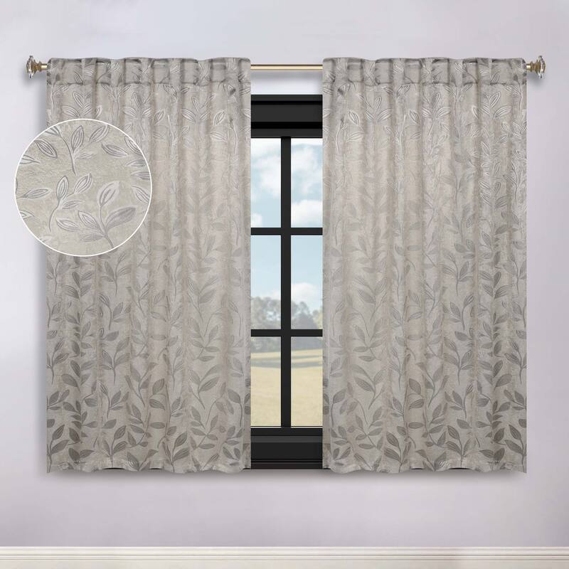 Superior Leaves Machine Washable Room Darkening Curtains with Back Tabs, Set of 2 - 52" x 63" - Ivory